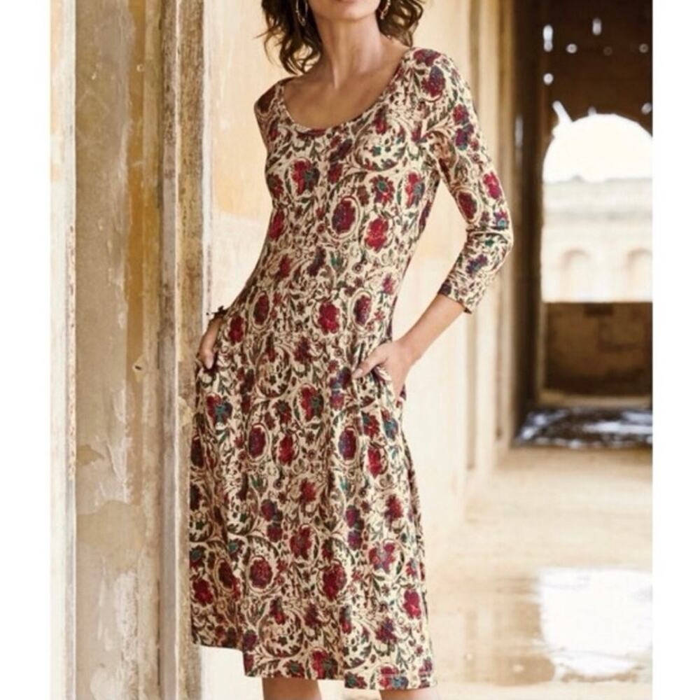 Peruvian Connection Sz S Lucine Floral Midi Dress 3/4 Sleeves Pockets Viscose